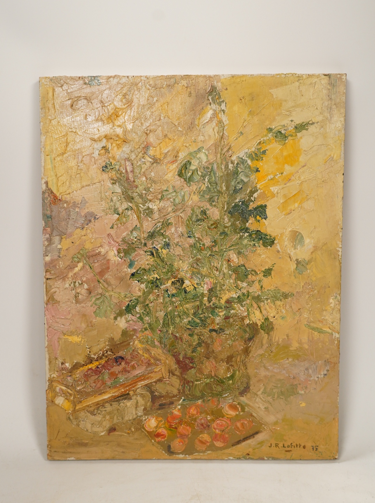 Jean-Roger Lafitte (French, 1922-2005), impasto oil on board, Still life of flowers in a vase, signed and dated '75, 36 x 27cm, unframed. Condition - fair